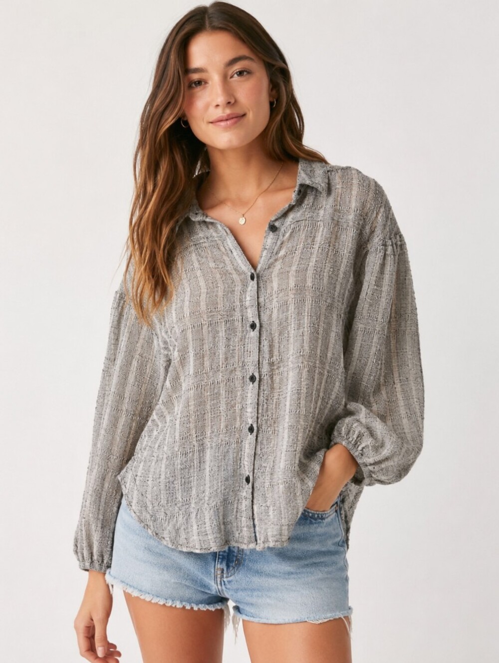 Free People Women’s Size M Gray Textured Button-Down Blouse Balloon Sleeve